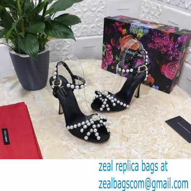 Dolce  &  Gabbana Heel 10.5cm Satin Sandals Black with Pearl Application 2021